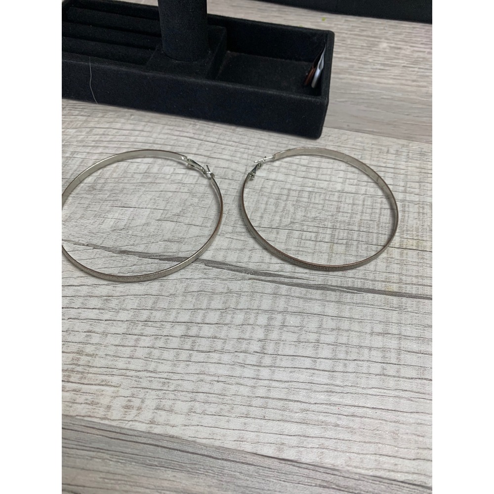 Large Silver Tone Textured Stardust Hoop‎ Earrings 3.25 Inch Flat Shimmer Hoops